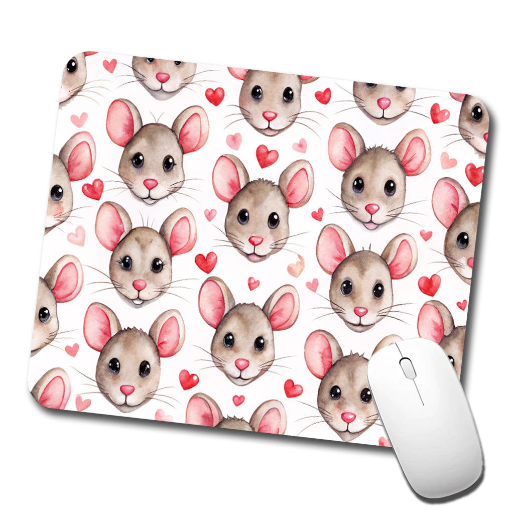 Cute Rat Faces Hearts Watercolor Low Profile Mouse Pad Mat