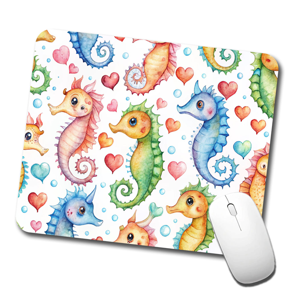 Cute Seahorses Hearts Watercolor Low Profile Mouse Pad Mat