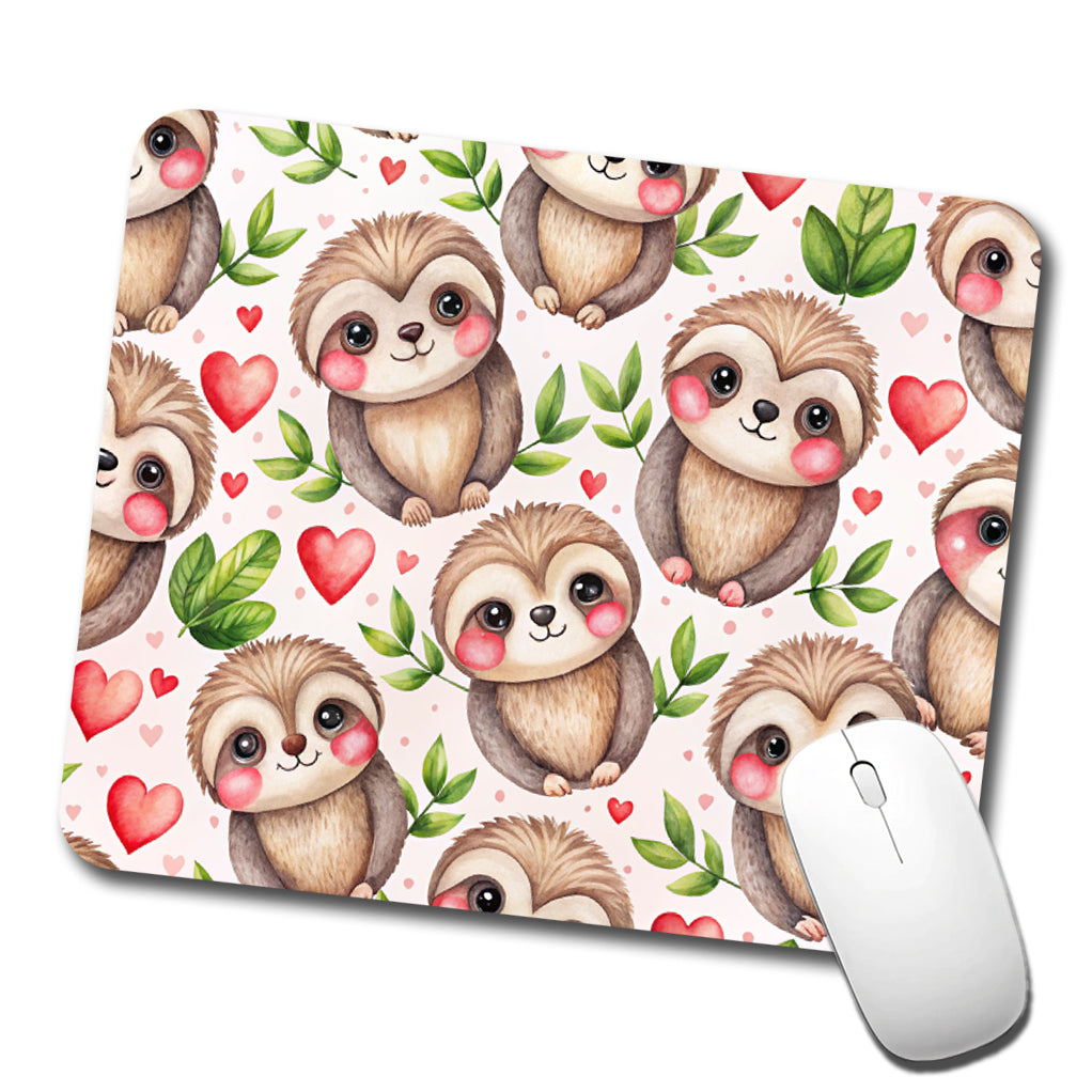 Cute Sloths Hearts Watercolor Low Profile Mouse Pad Mat