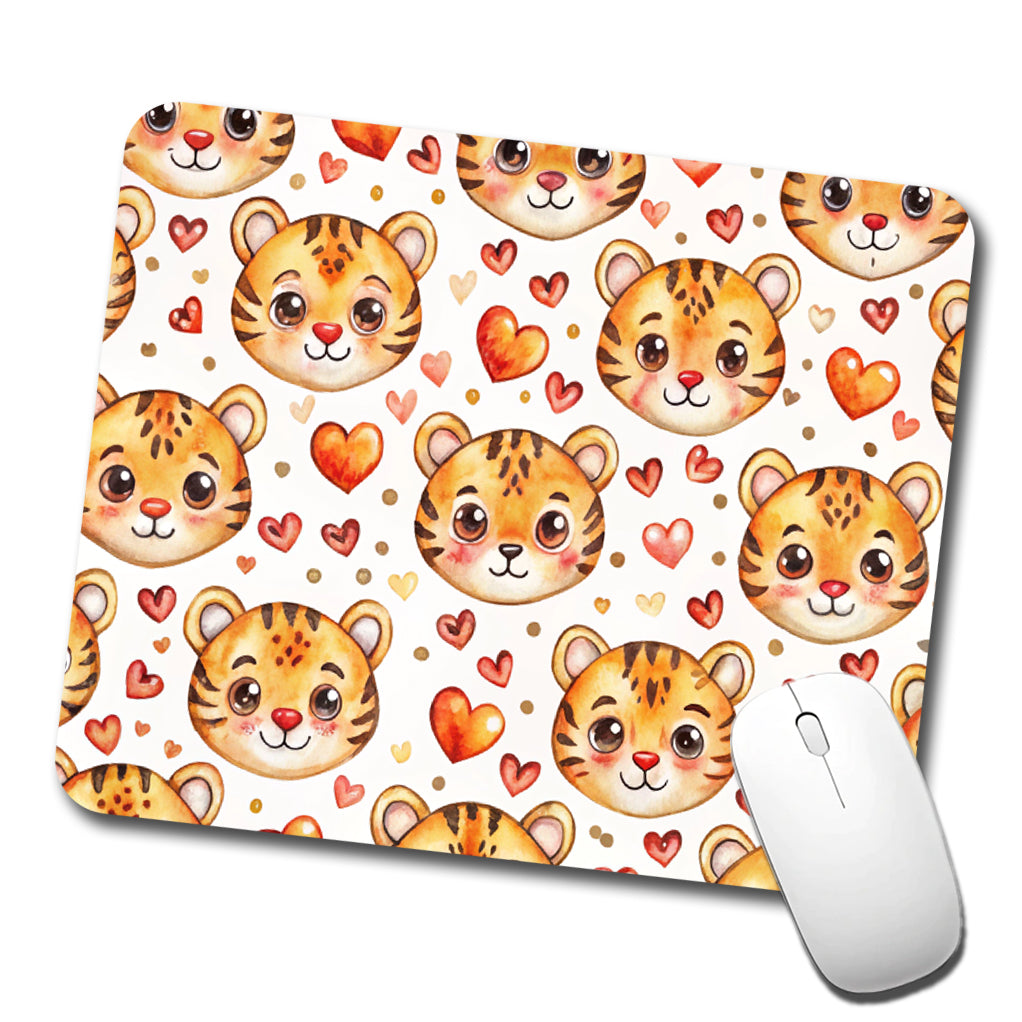 Cute Tiger Faces Hearts Watercolor Low Profile Mouse Pad Mat