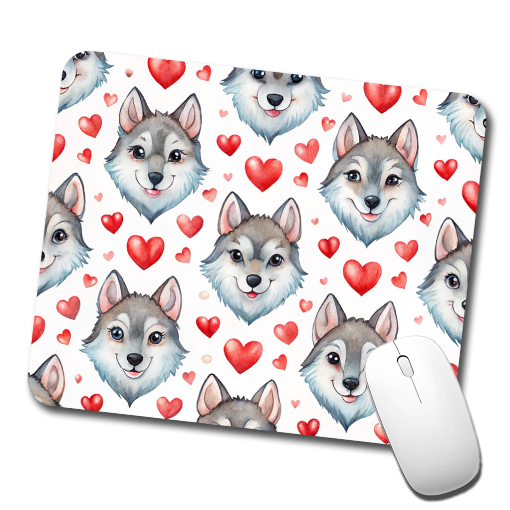 Cute Wolf Faces Hearts Watercolor Low Profile Mouse Pad Mat