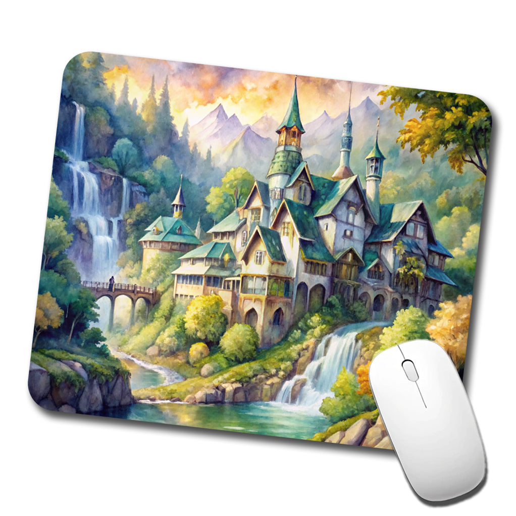 Elvish Elven Castle Fantasy Beautiful Watercolor Low Profile Mouse Pad Mat