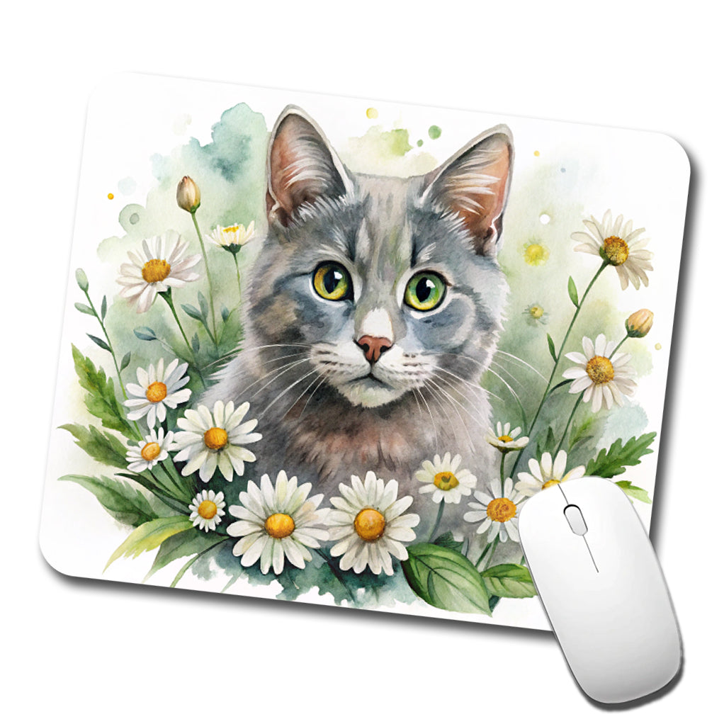Gray Cat Watercolor Design With Daisies Low Profile Mouse Pad Mat