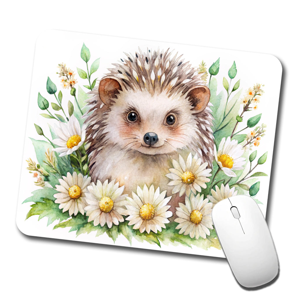Hedgehog Watercolor Design With Daisies Low Profile Mouse Pad Mat