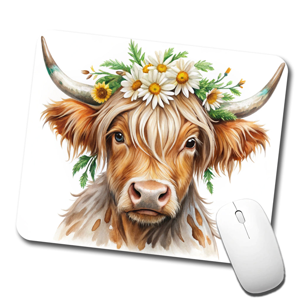 Highland Cow Watercolor Design With Daisies Low Profile Mouse Pad Mat