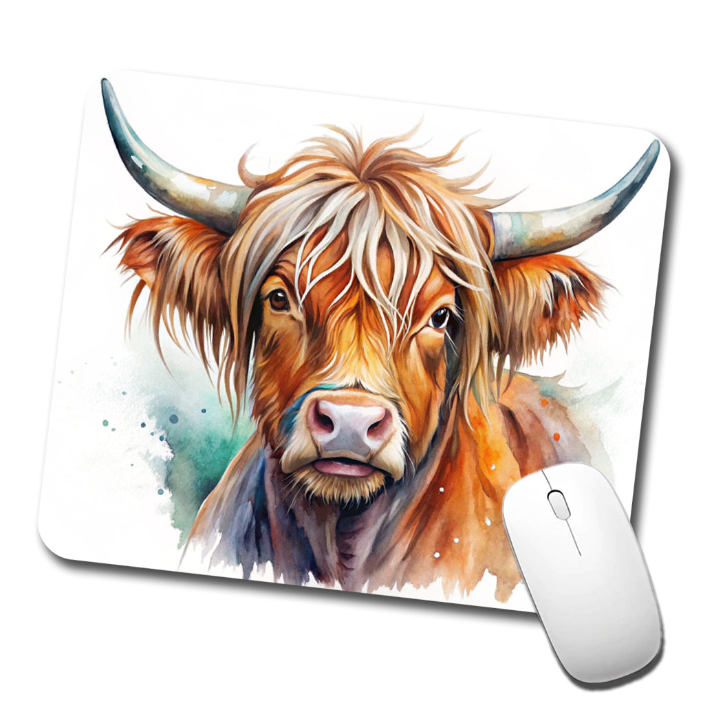 Highland Cow Watercolor Design Low Profile Mouse Pad Mat