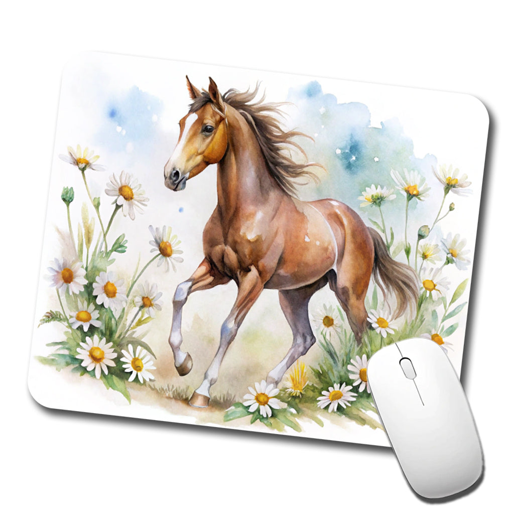 Horse Watercolor Design With Daisies Low Profile Mouse Pad Mat