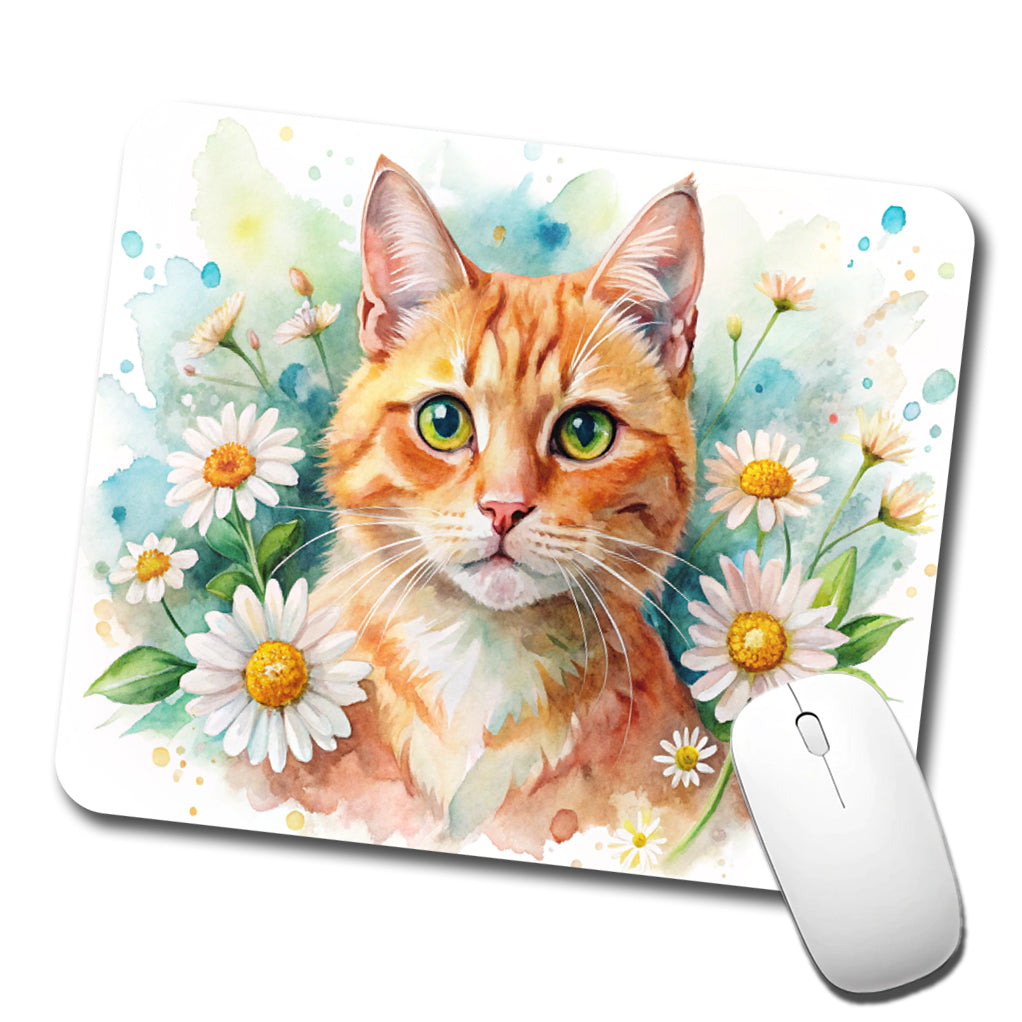 Orange Cat Watercolor Design With Daisies Low Profile Mouse Pad Mat