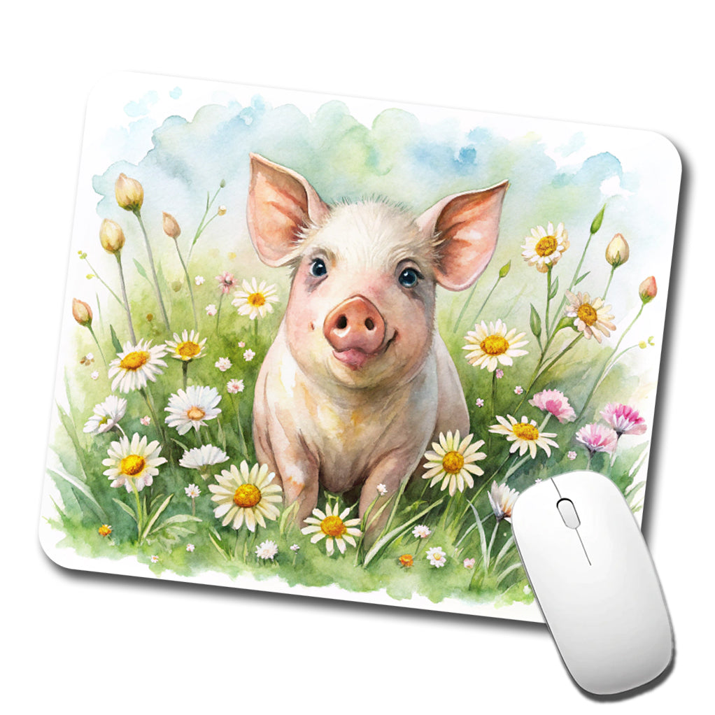 Pig In Daisies Watercolor Design Low Profile Mouse Pad Mat
