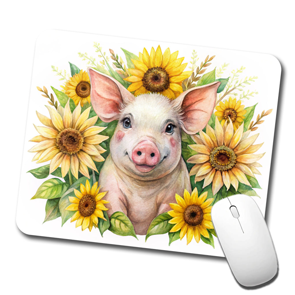 Pig In Sunflowers Watercolor Design Low Profile Mouse Pad Mat