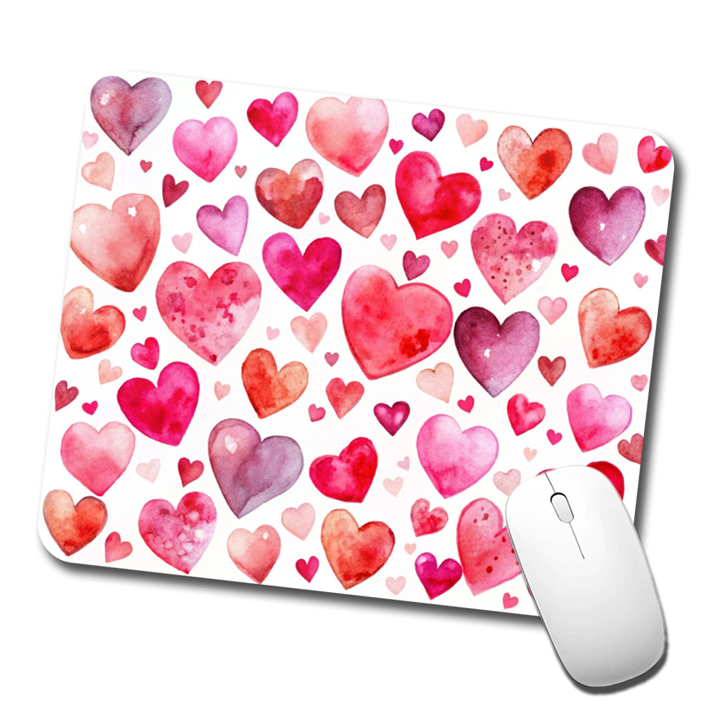 Pink And Red Scattered Hearts Watercolor Low Profile Mouse Pad Mat