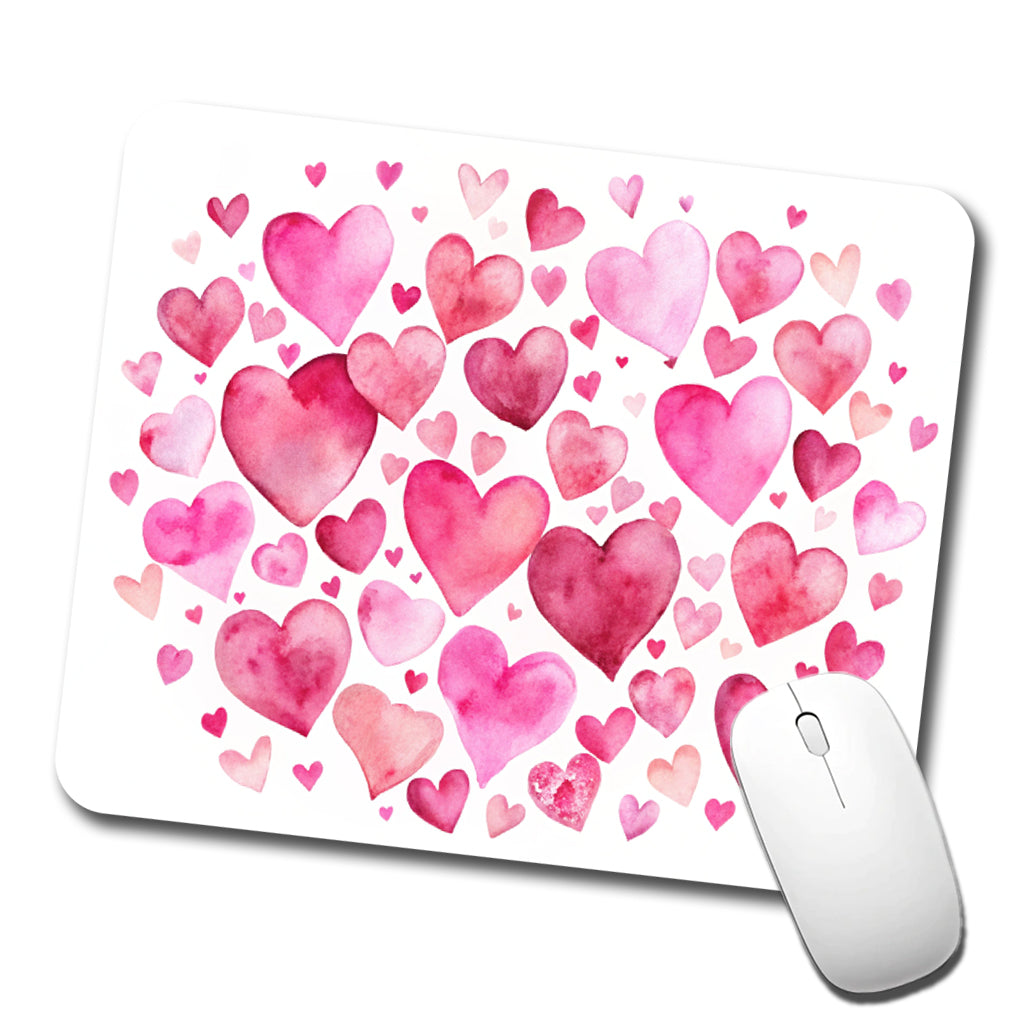 Pink Scattered Hearts Love Valentines Anniversary Watercolor Low Profile Mouse Pad Mat