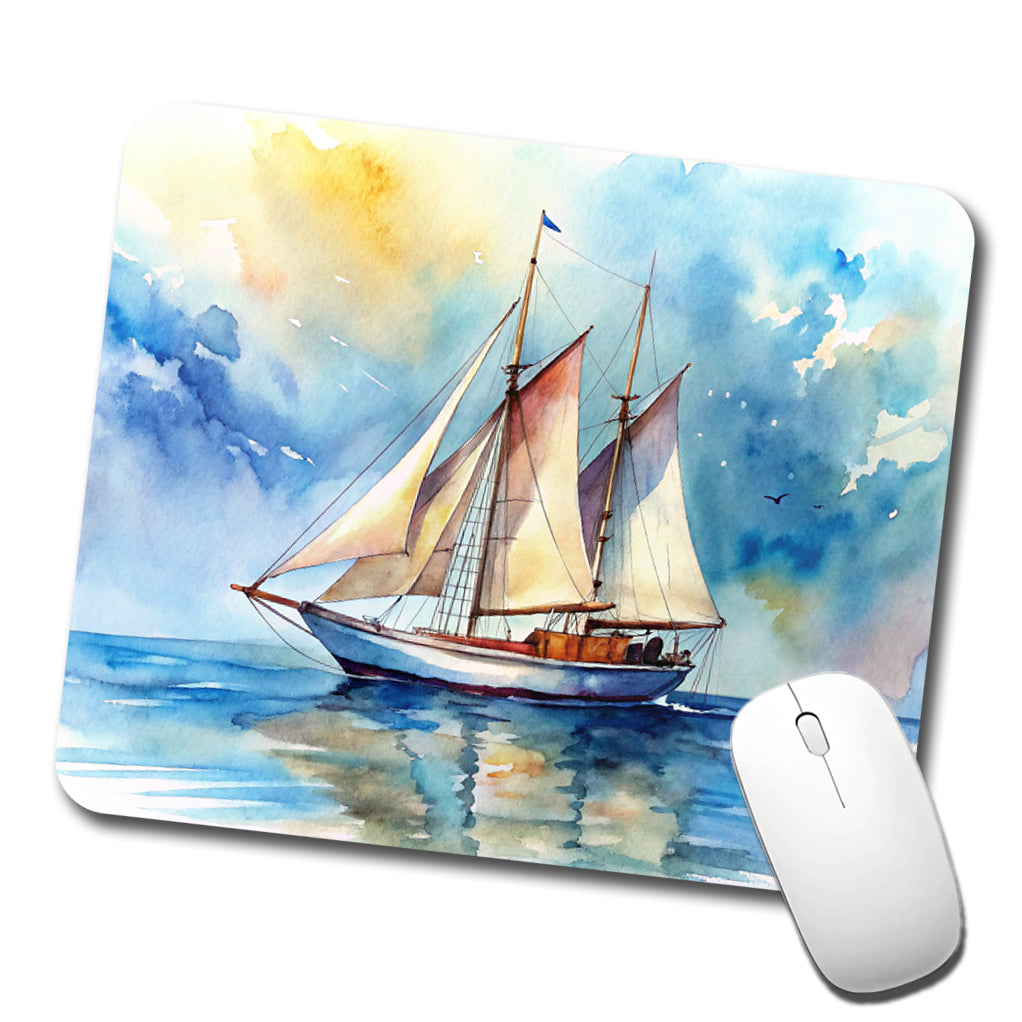 Sailboat At Sea Watercolor Design Low Profile Mouse Pad Mat
