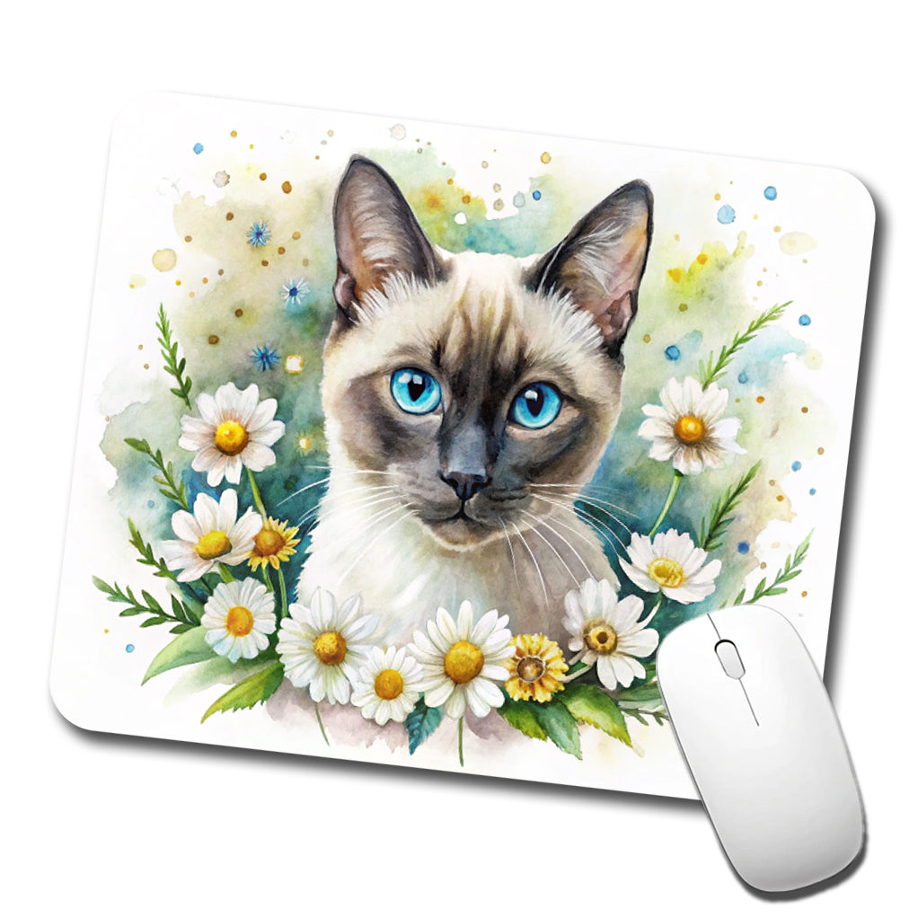 Siamese Cat Watercolor Design With Daisies Low Profile Mouse Pad Mat