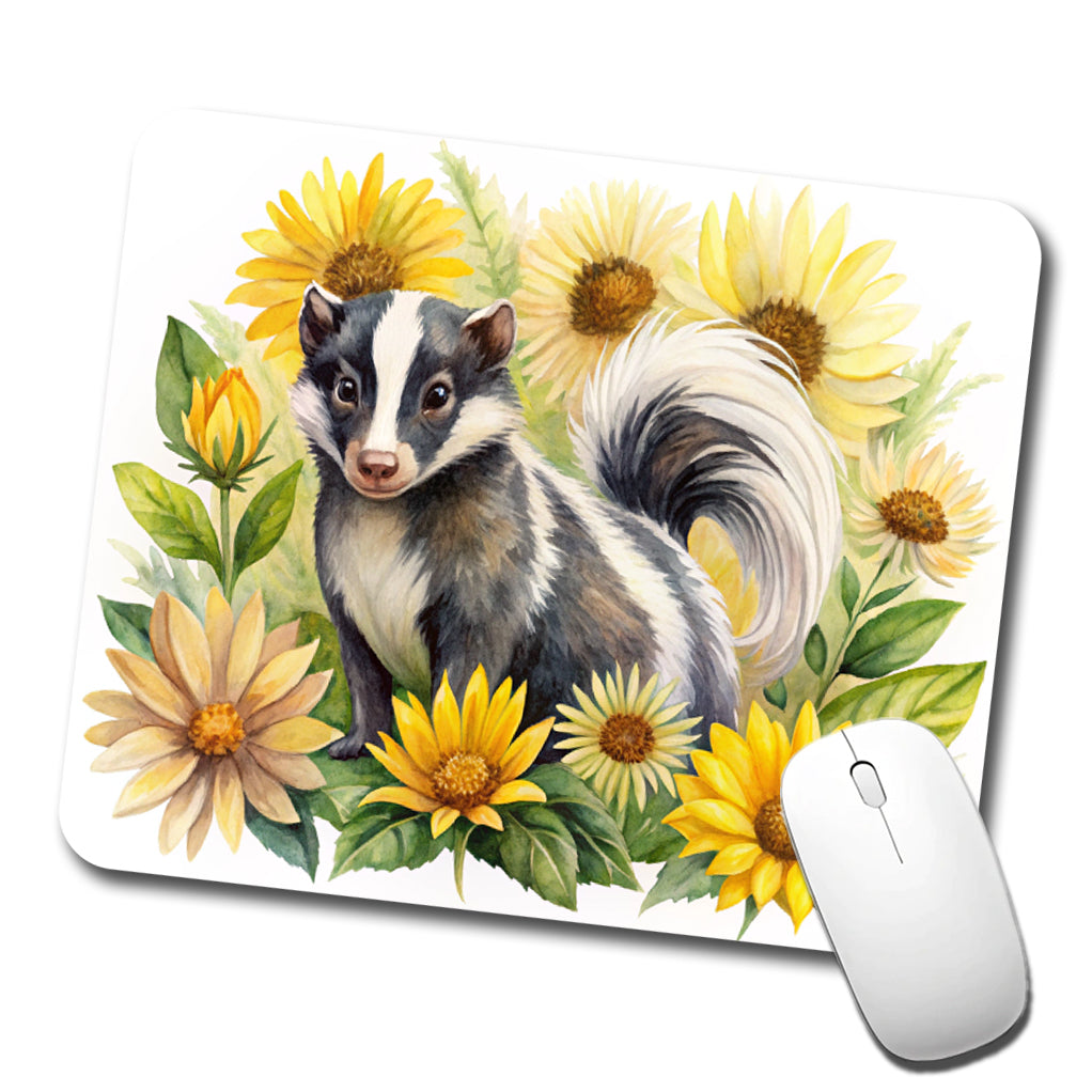 Skunk Watercolor Design With Sunflowers Low Profile Mouse Pad Mat