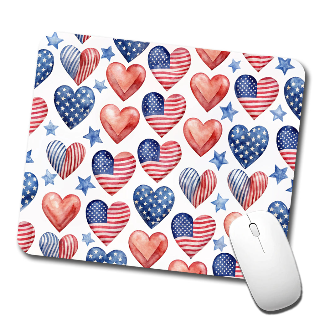 USA American Flags Hearts 4th of July Patriotic Watercolor Low Profile Mouse Pad Mat