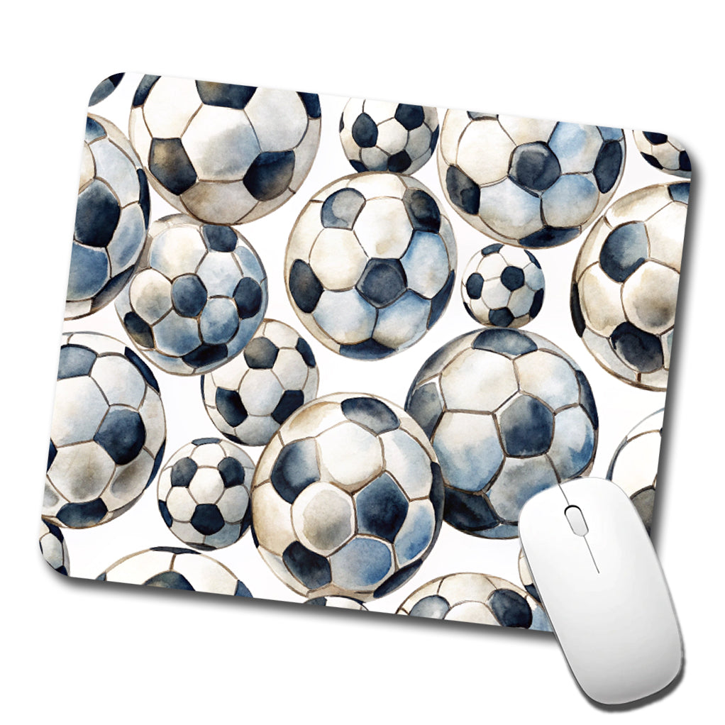 White Black Soccer Balls Watercolor Low Profile Mouse Pad Mat