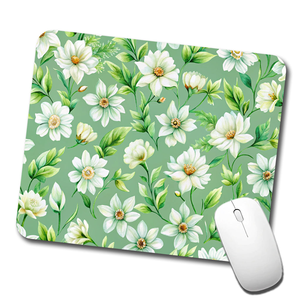 White Flowers Green Background Low Profile Mouse Pad Mat
