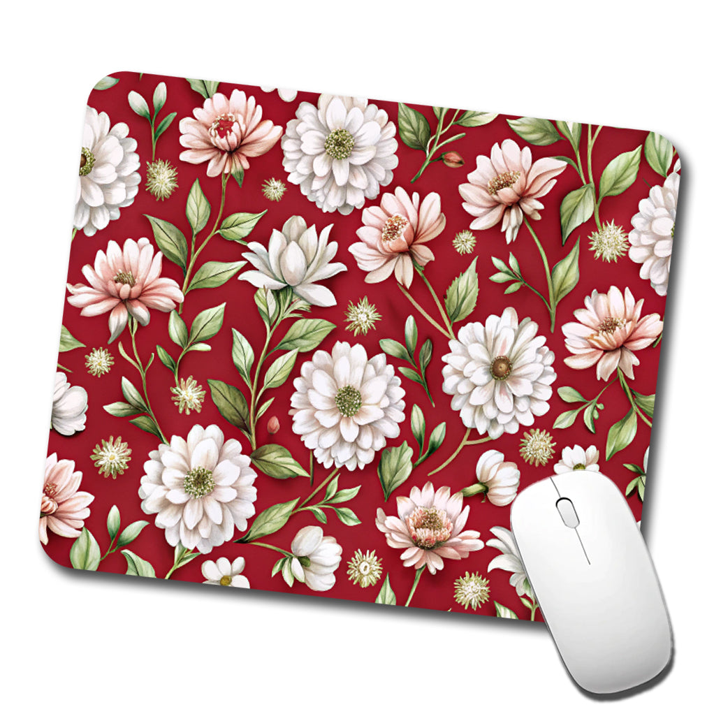 White Flowers Red Background Low Profile Mouse Pad Mat