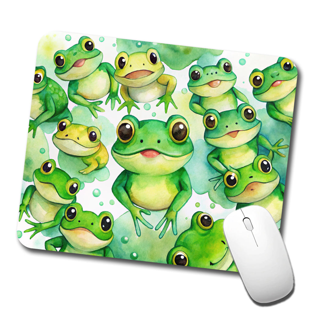 Bunch Of Cute Green Frogs Watercolor Low Profile Mouse Pad Mat