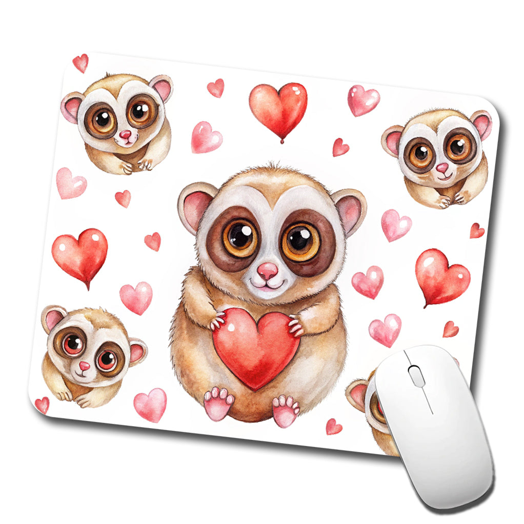 Chibi Slow Loris And Hearts Watercolor Low Profile Mouse Pad Mat