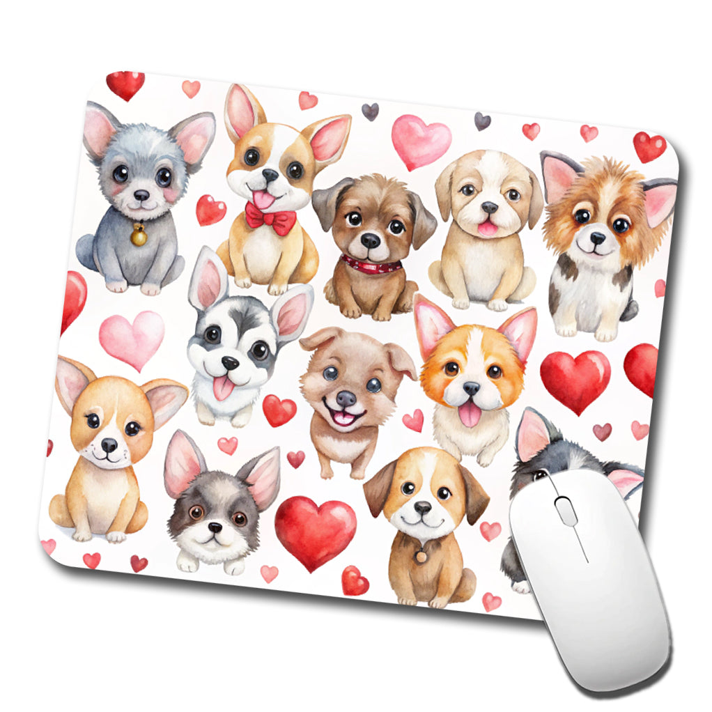 Cute Fun Dogs Hearts Watercolor Low Profile Mouse Pad Mat