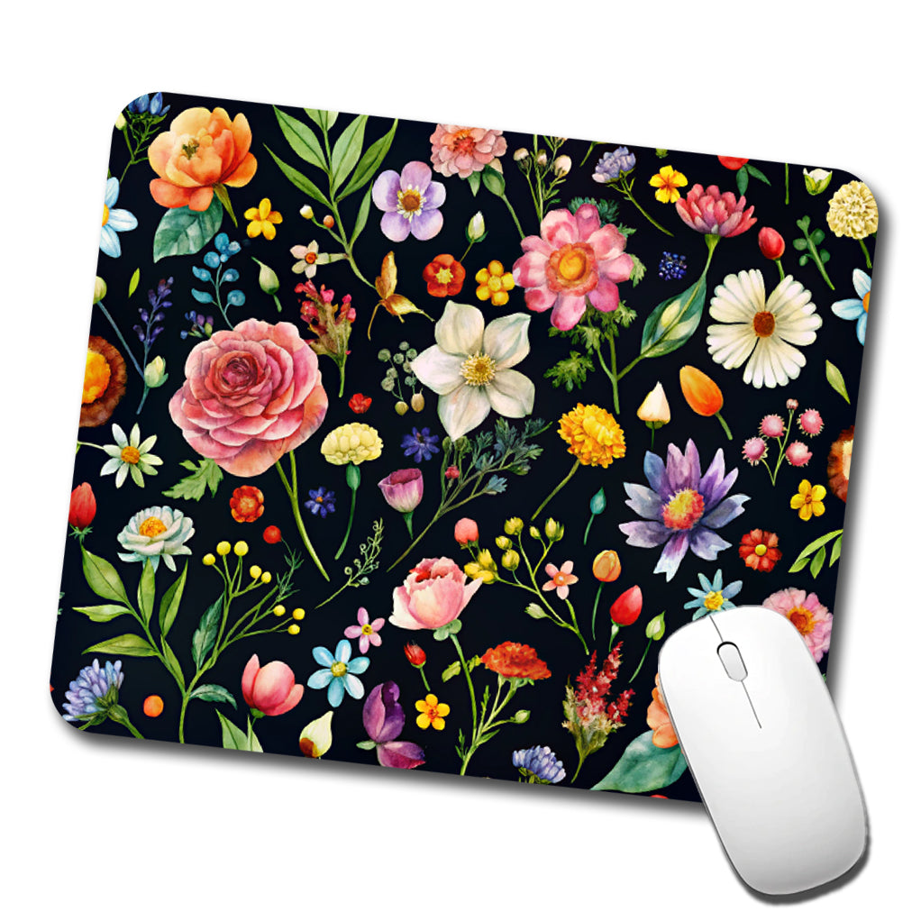 Flowers Black Background Watercolor Low Profile Mouse Pad Mat