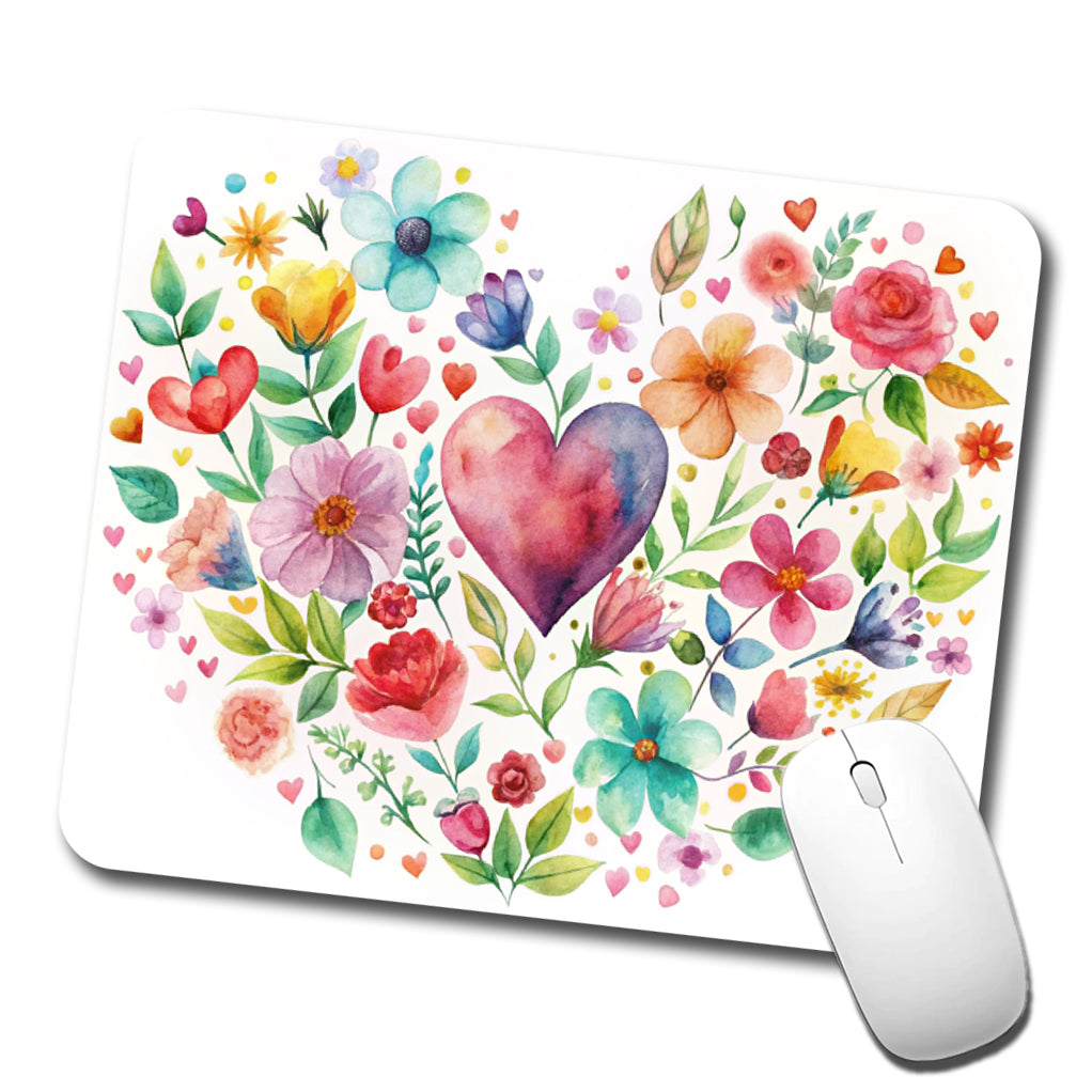 Hearts Flowers Watercolor Low Profile Mouse Pad Mat