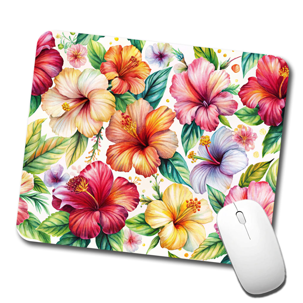 Hibiscus Tropical Flowers Watercolor Low Profile Mouse Pad Mat