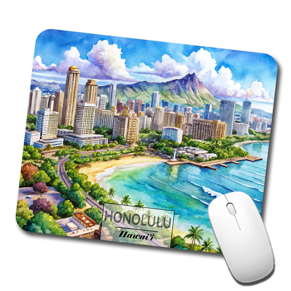 Honolulu Hawaii Travel City Watercolor Low Profile Mouse Pad Mat