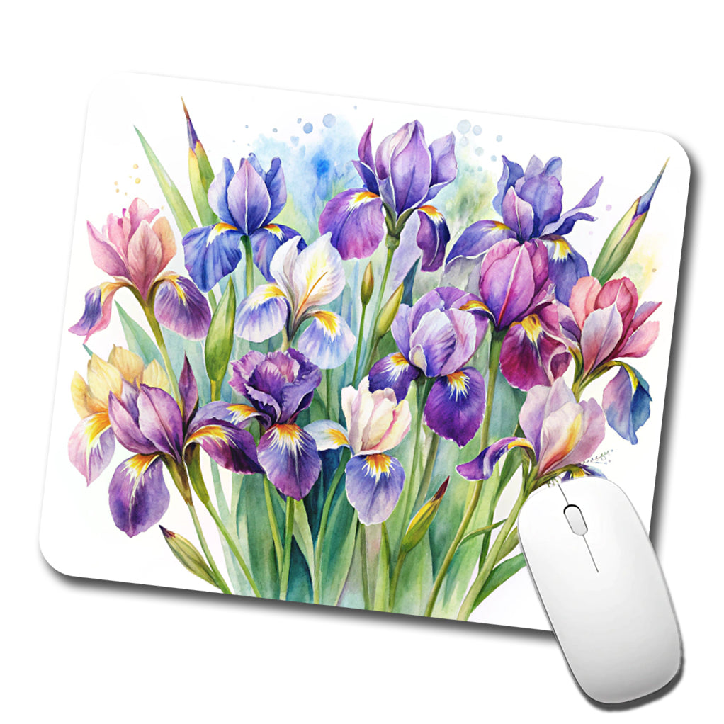 Iris Purple Pretty Flowers Watercolor Low Profile Mouse Pad Mat