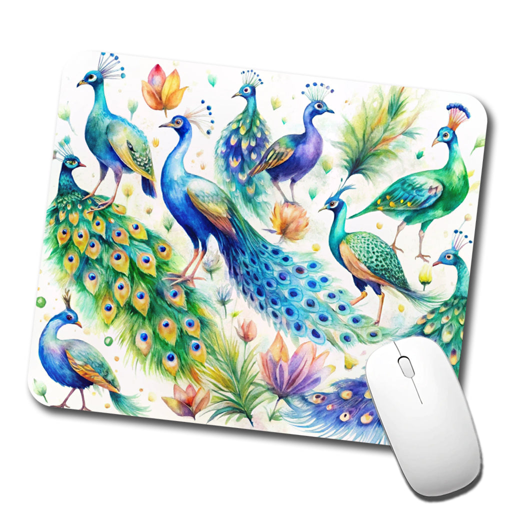 Peacocks Beautiful Birds Watercolor Low Profile Mouse Pad Mat