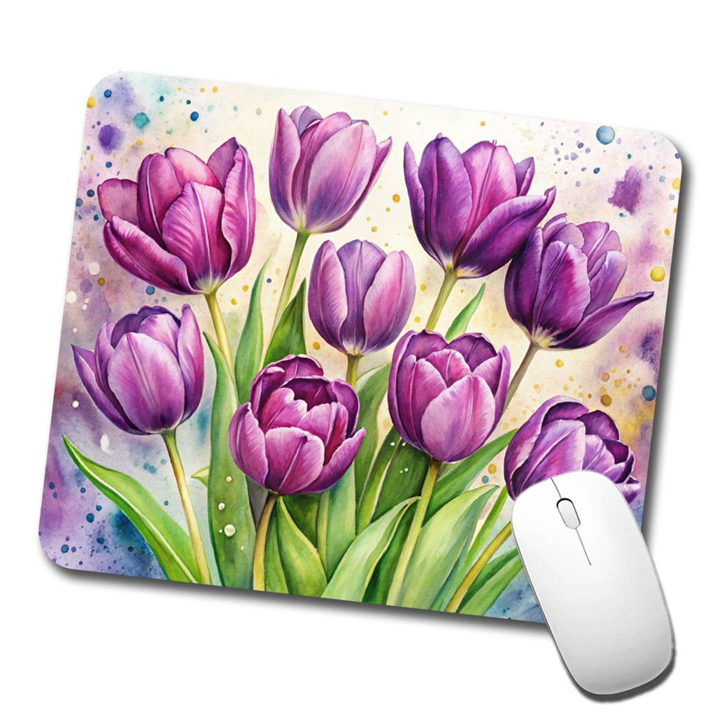 Purple Tulips Flowers Watercolor Low Profile Mouse Pad Mat