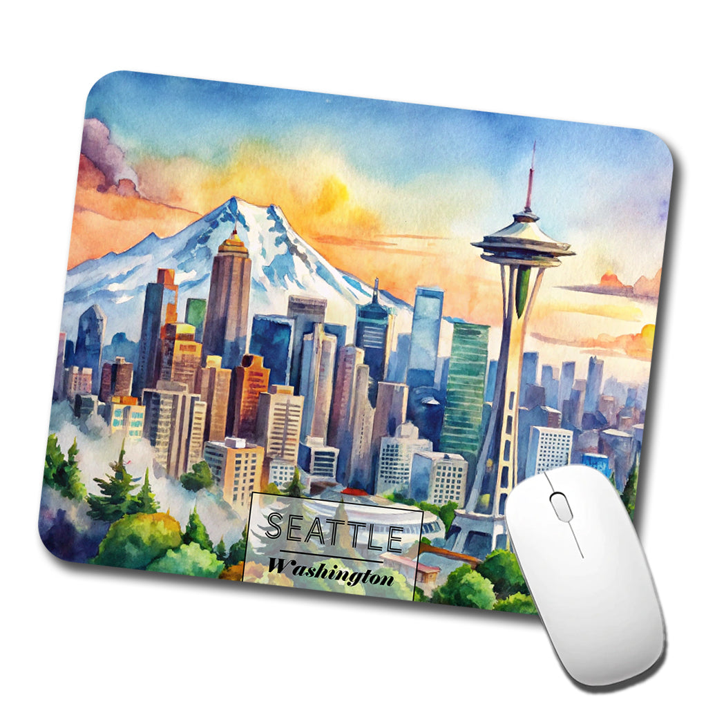 Seattle Washington Space Needle Travel City Watercolor Low Profile Mouse Pad Mat