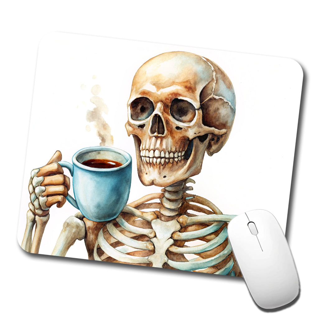 Skeleton Drinking Coffee Watercolor Low Profile Mouse Pad Mat