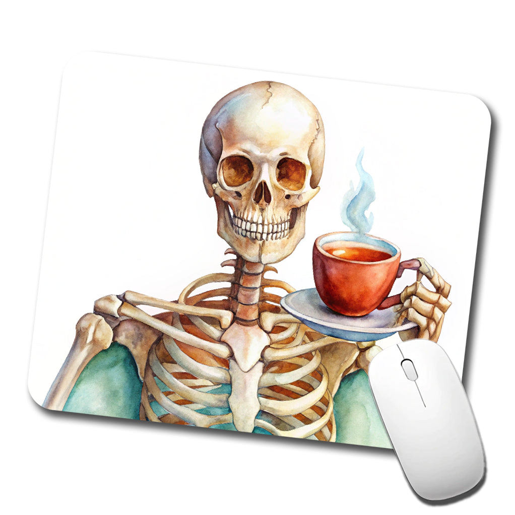 Skeleton Drinking Tea Watercolor Low Profile Mouse Pad Mat