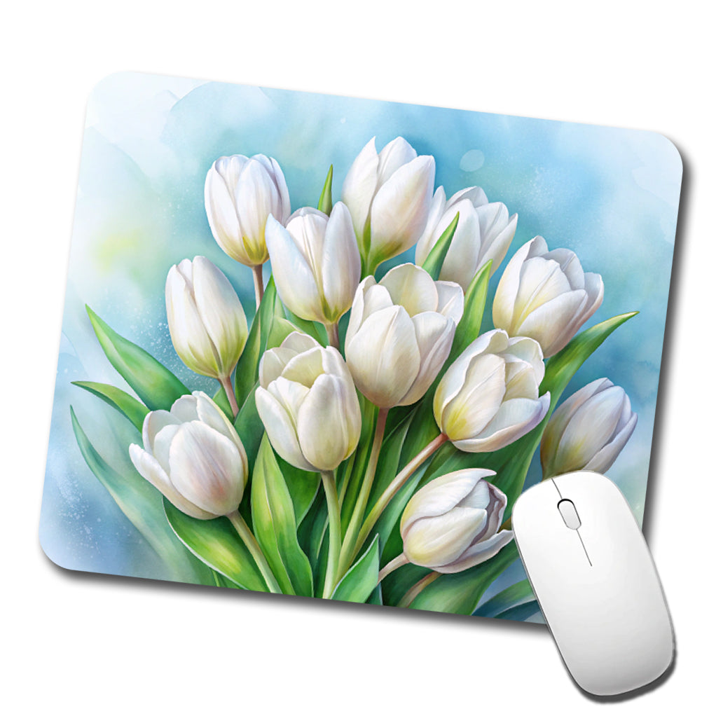 White Tulips Flowers Watercolor Low Profile Mouse Pad Mat