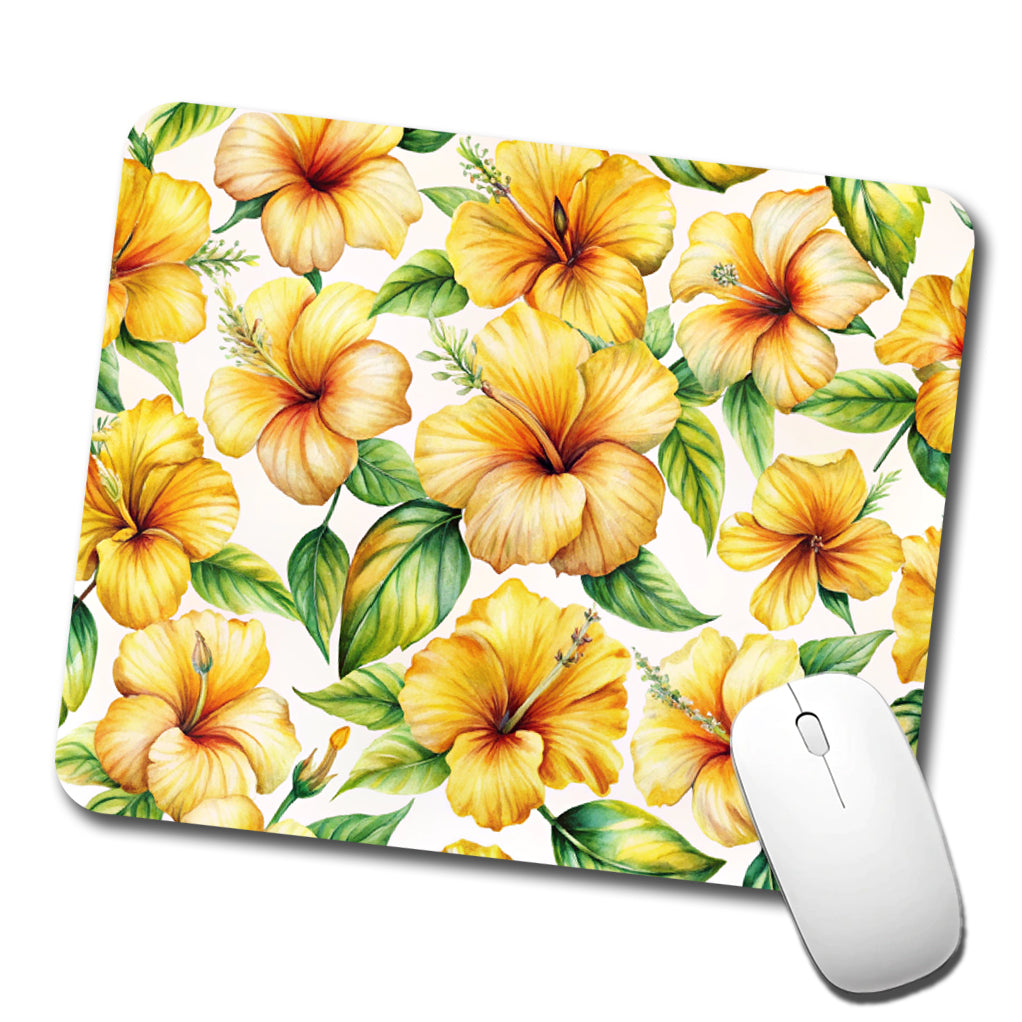 Yellow Hibiscus Flowers Watercolor Low Profile Mouse Pad Mat