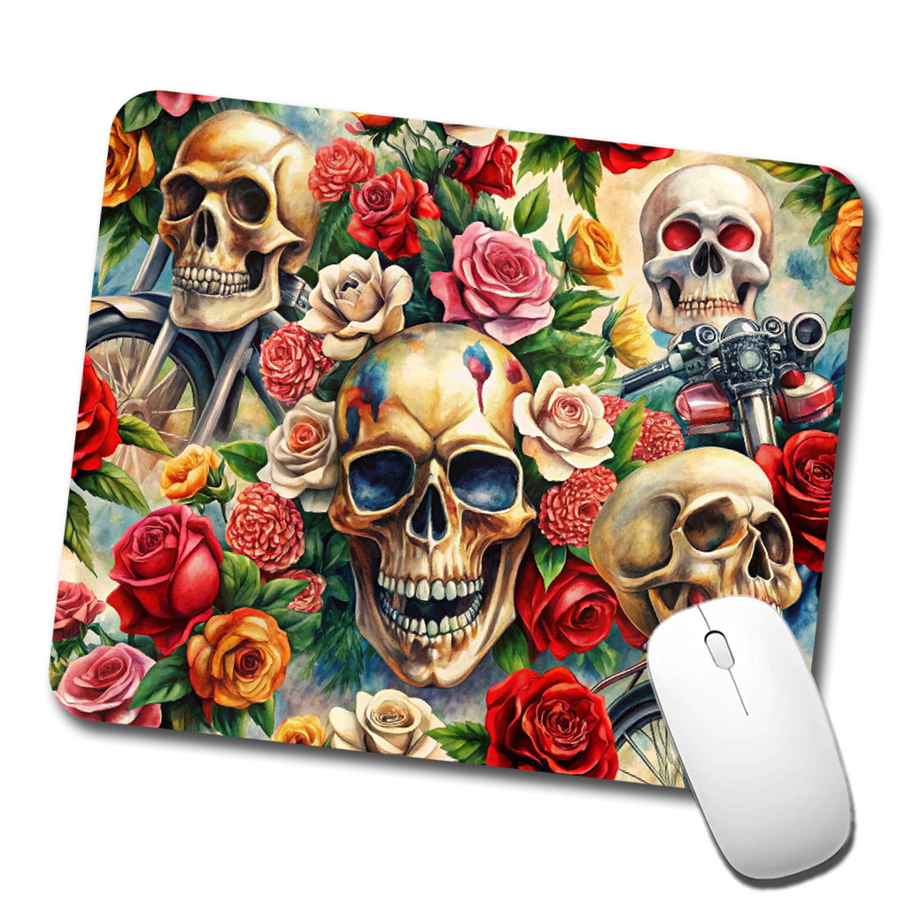 Biker Skulls And Roses Theme Watercolor Low Profile Mouse Pad Mat