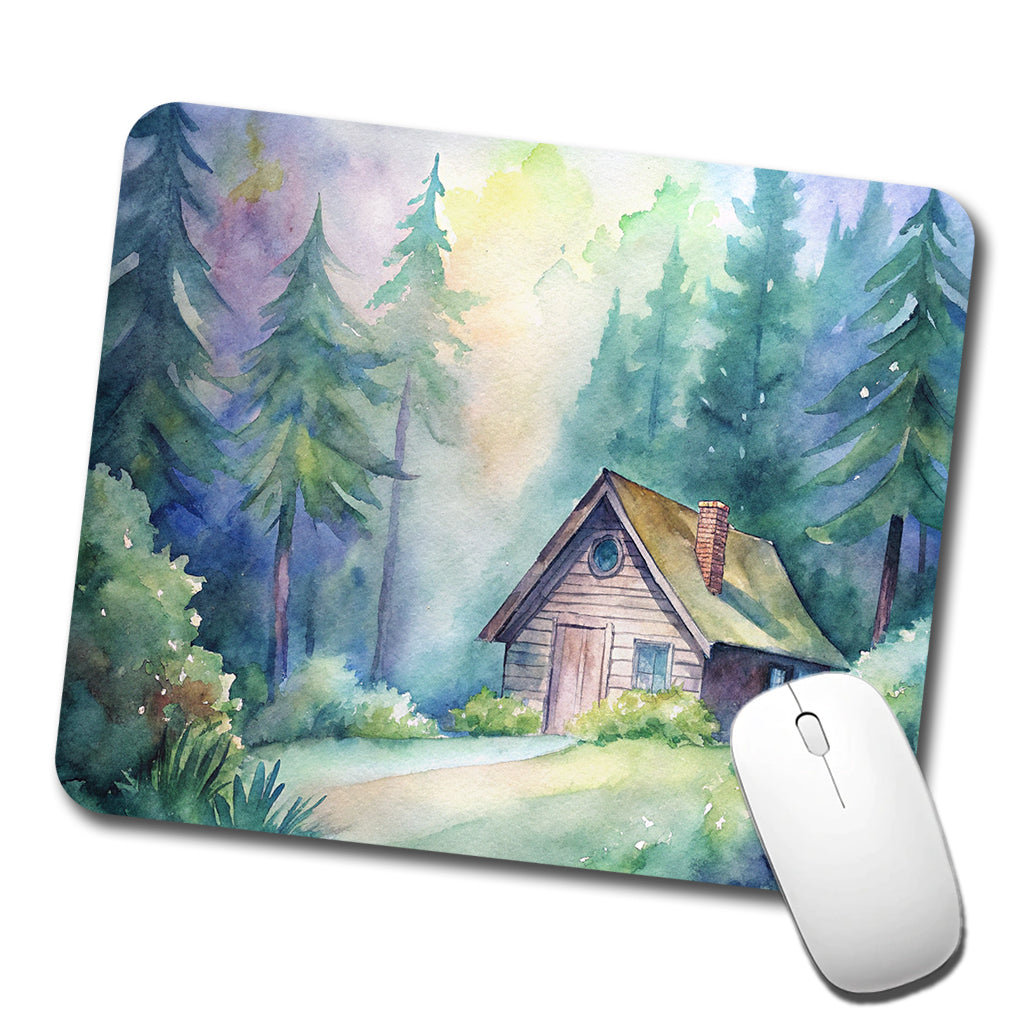 Cabin In The Forest Woods Watercolor Low Profile Mouse Pad Mat