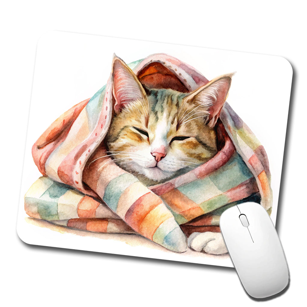 Cat Snuggling In Blanket Watercolor Low Profile Mouse Pad Mat