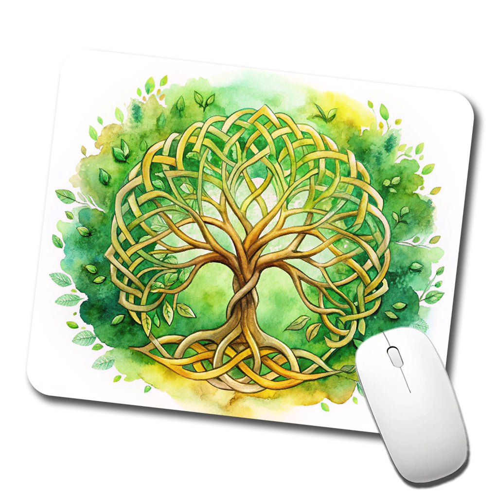 Celtic Irish Tree Of Life Knots Green And Golden Watercolor Low Profile Mouse Pad Mat