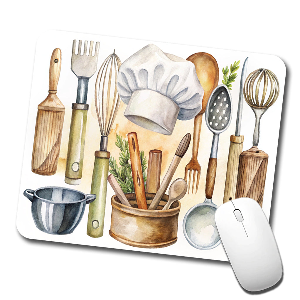 Chef's Baker's Tools Cooking Watercolor Low Profile Mouse Pad Mat