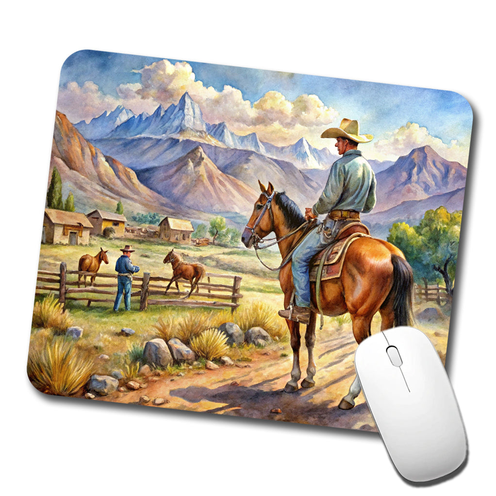 Cowboys Western Ranch Scene Watercolor Low Profile Mouse Pad Mat
