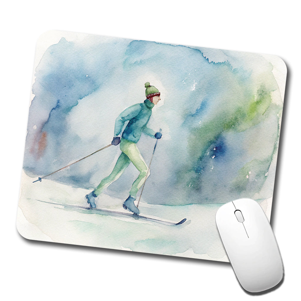 Cross Country Skiing Watercolor Low Profile Mouse Pad Mat