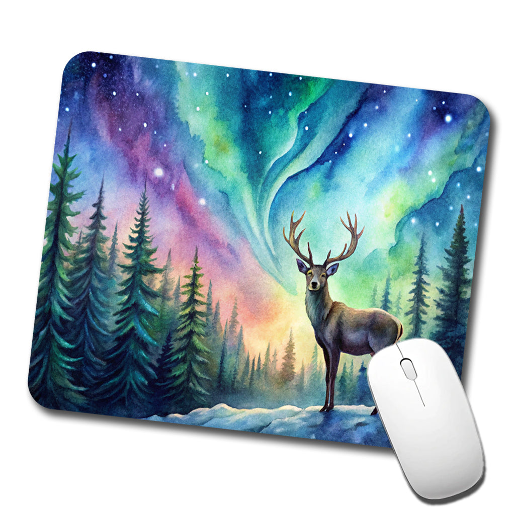 Deer And Northern Lights Watercolor Low Profile Mouse Pad Mat