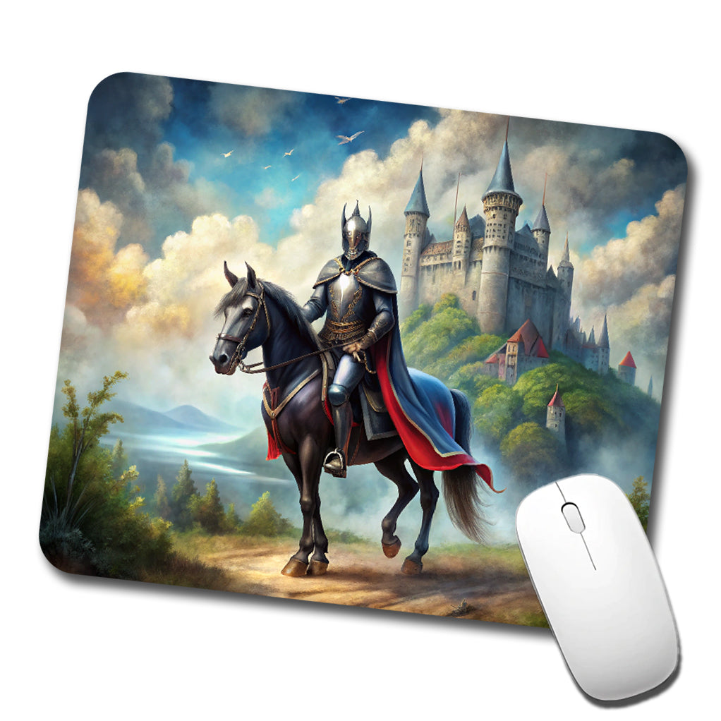 Fantasy Black Knight Astride Horse Outside Castle Watercolor Low Profile Mouse Pad Mat