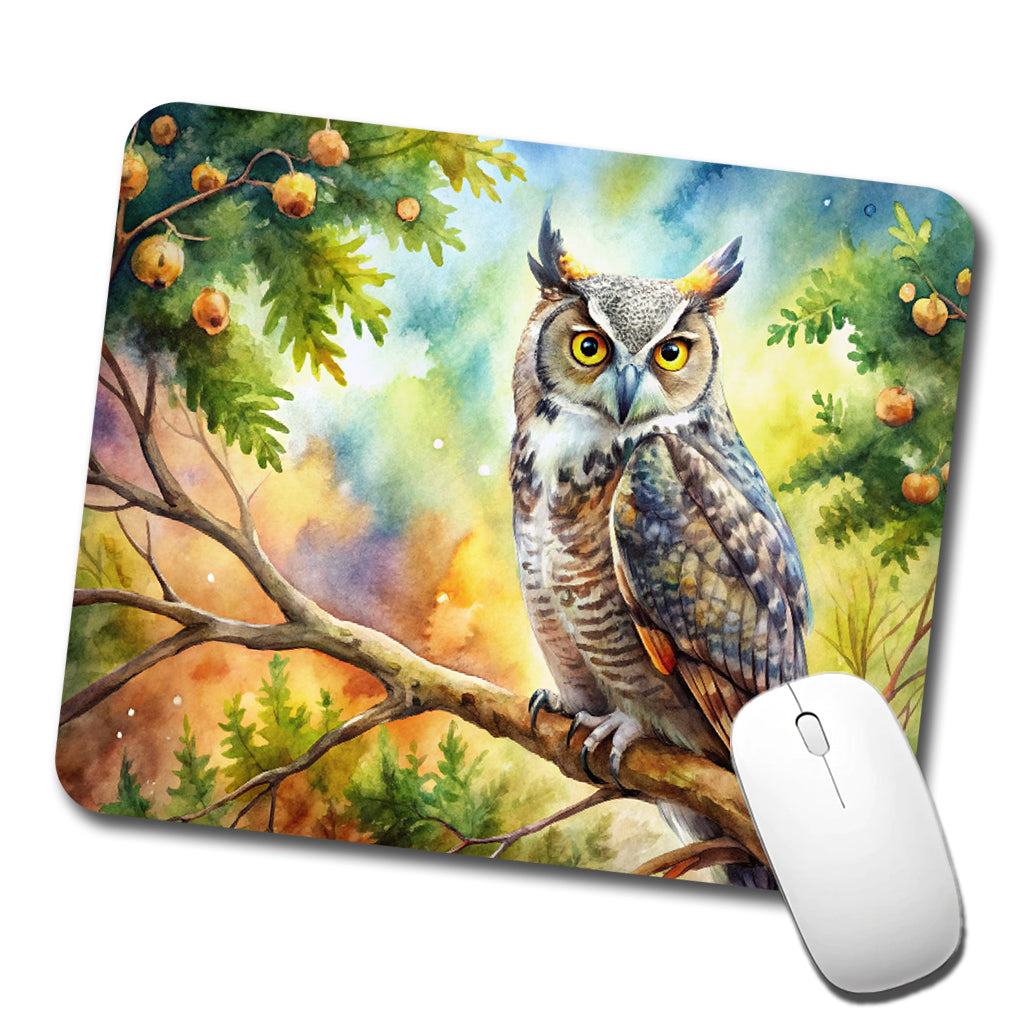 Great Horned Owl In Tree Watercolor Low Profile Mouse Pad Mat