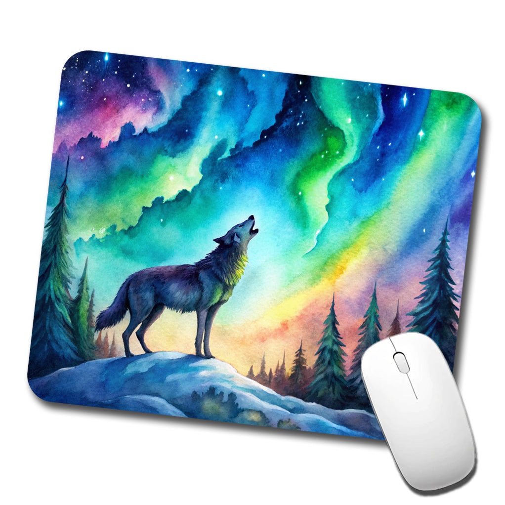 Howling Wolf And Northern Lights Watercolor Low Profile Mouse Pad Mat