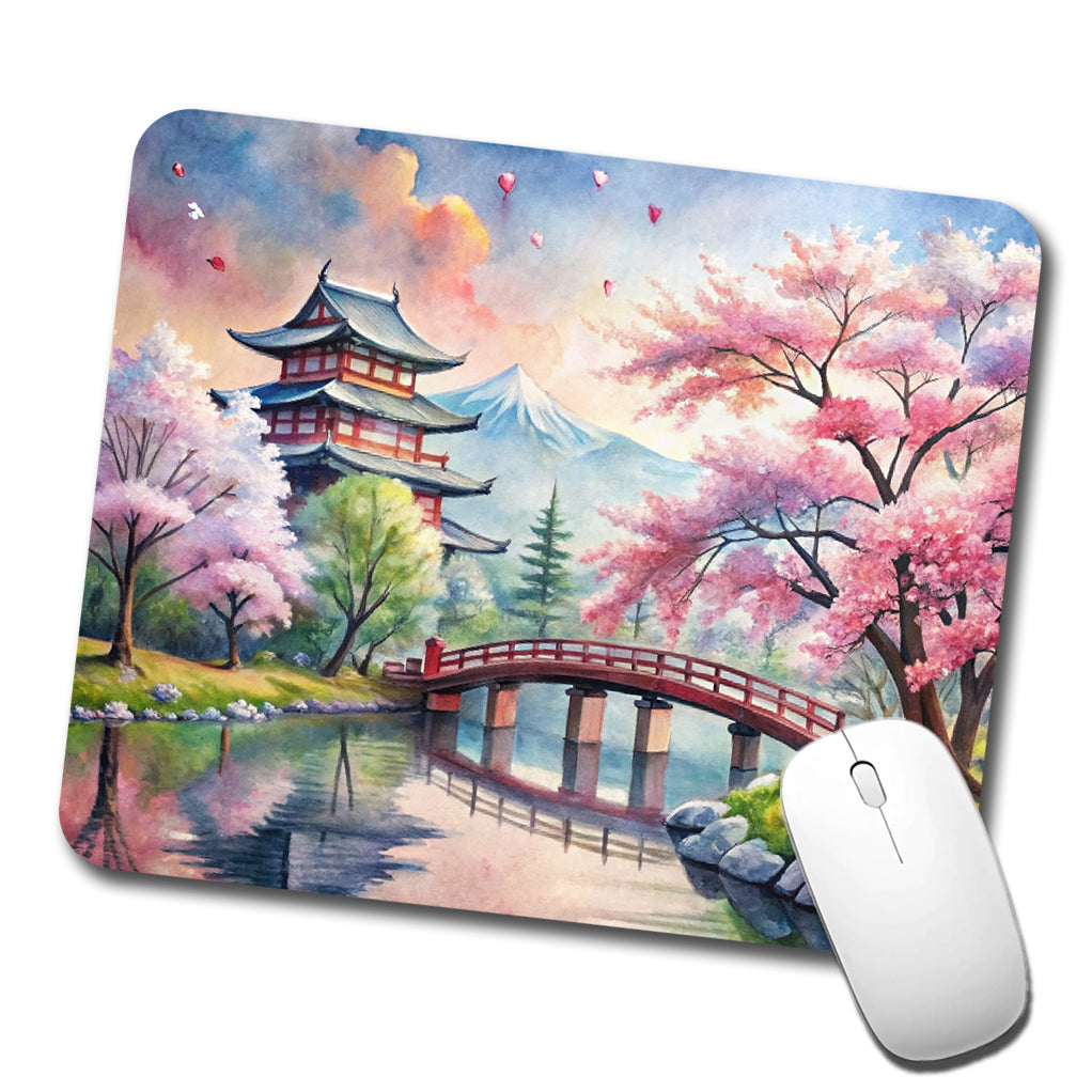 Japanese Scene With Bridge And Cherry Blossom Trees Watercolor Low Profile Mouse Pad Mat